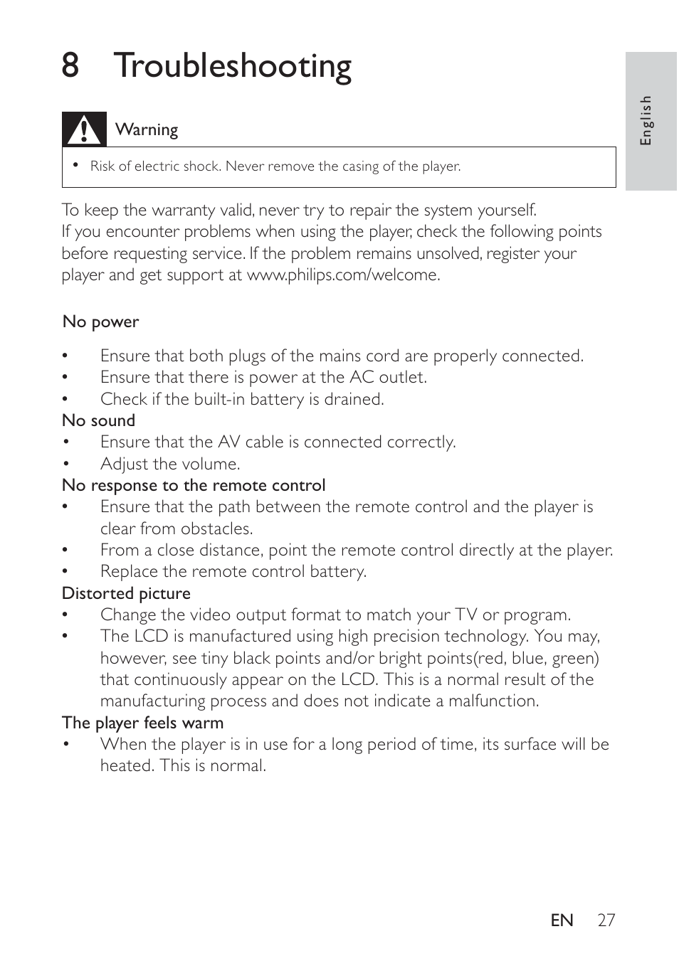 8 troubleshooting | Philips docking entertainment system DCP746 User Manual | Page 26 / 27