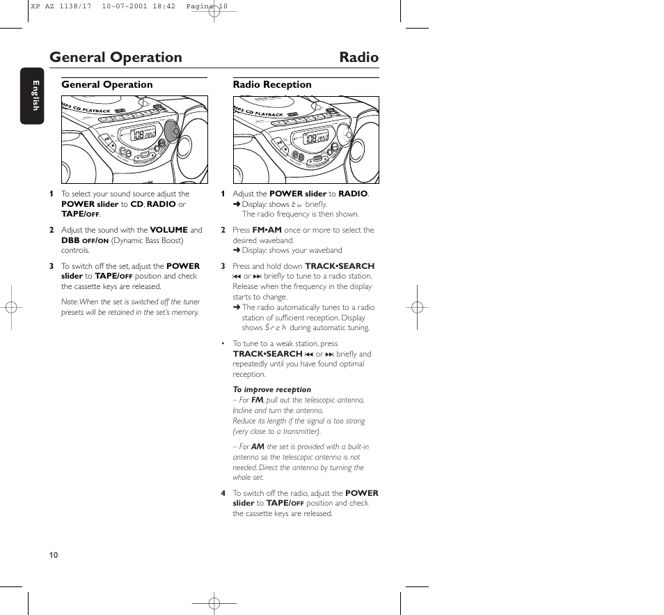 General operation radio | Philips AZ1138 User Manual | Page 10 / 17