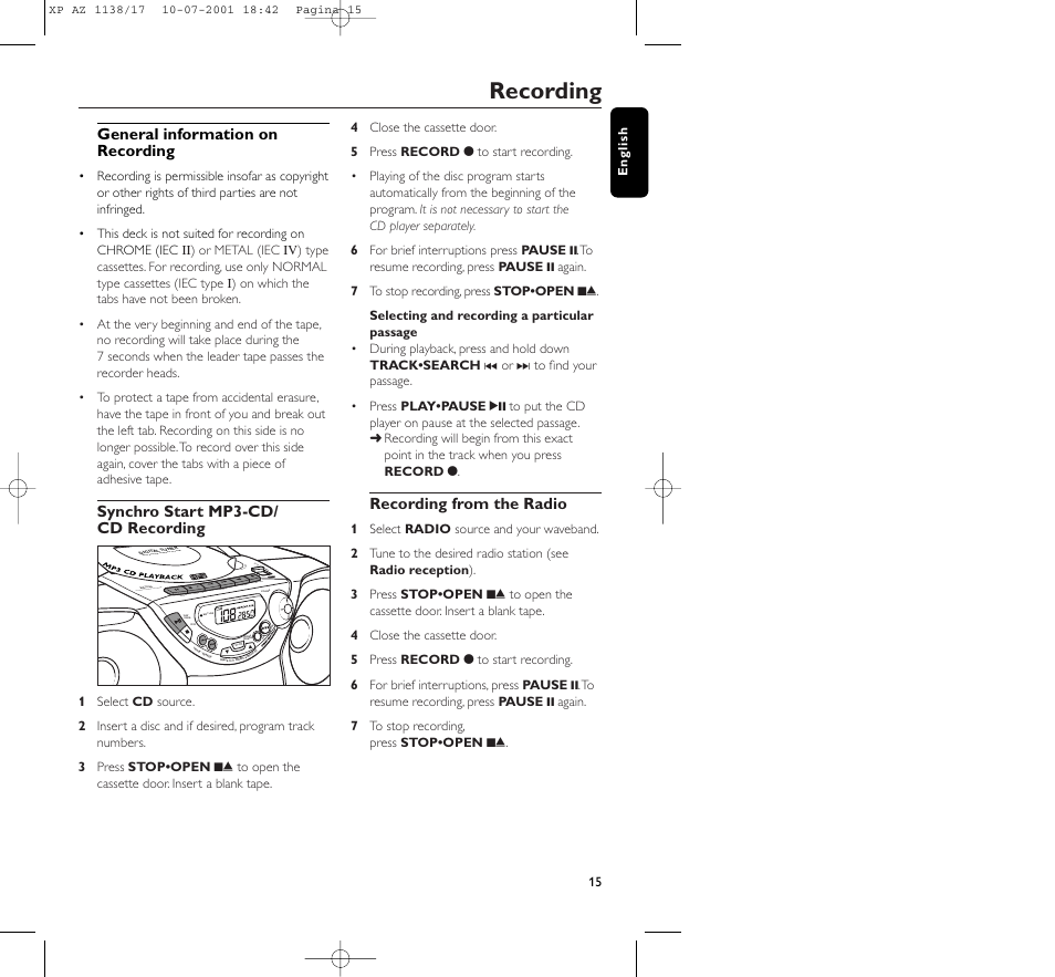 Recording | Philips AZ1138 User Manual | Page 15 / 17