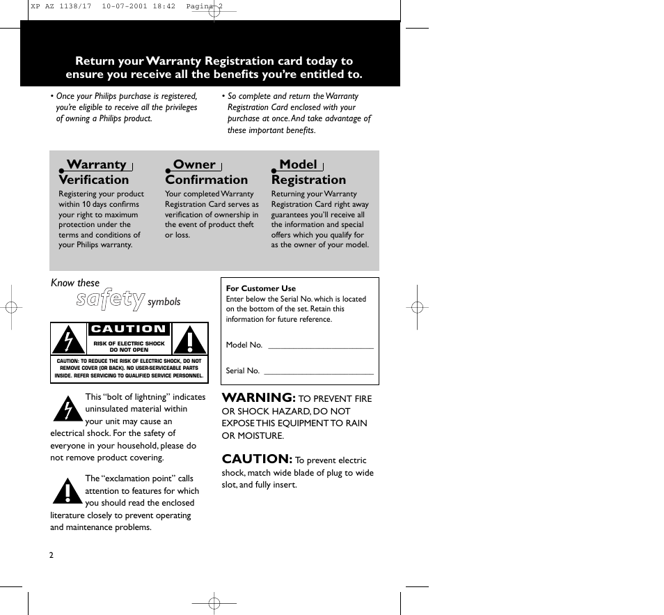 Ssaaffeettyy, Warranty verification, Owner confirmation | Model registration, Warning, Caution | Philips AZ1138 User Manual | Page 2 / 17