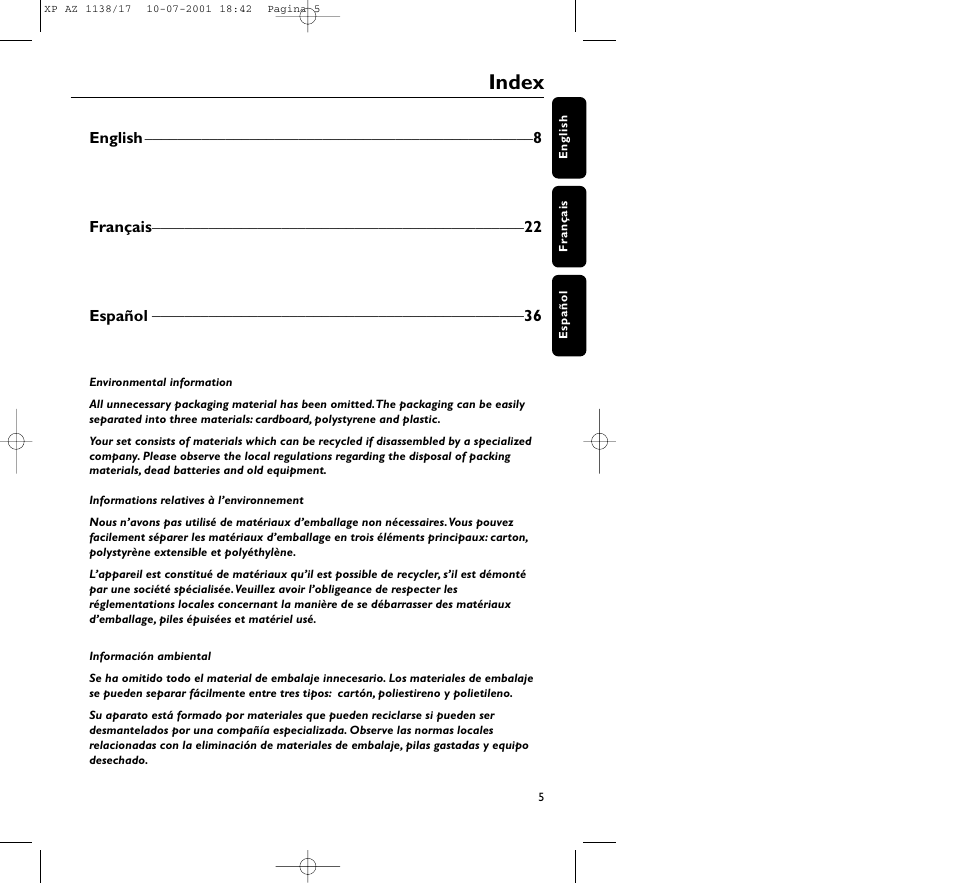 Index | Philips AZ1138 User Manual | Page 5 / 17