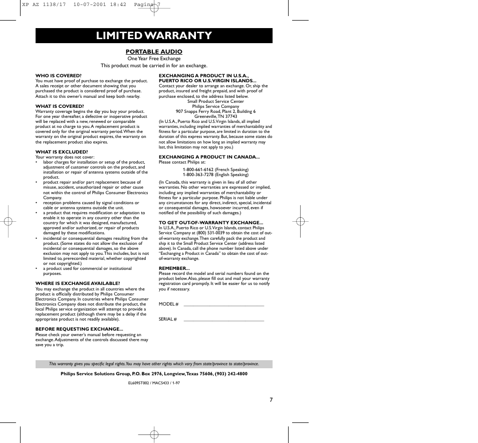 Limited warranty | Philips AZ1138 User Manual | Page 7 / 17