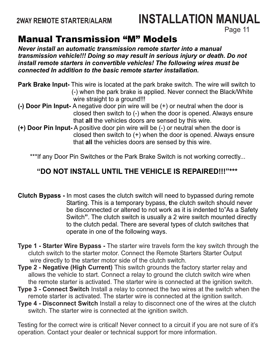 Installation manual, Manual transmission “m” models | Ultra Start 43xx User Manual | Page 11 / 24