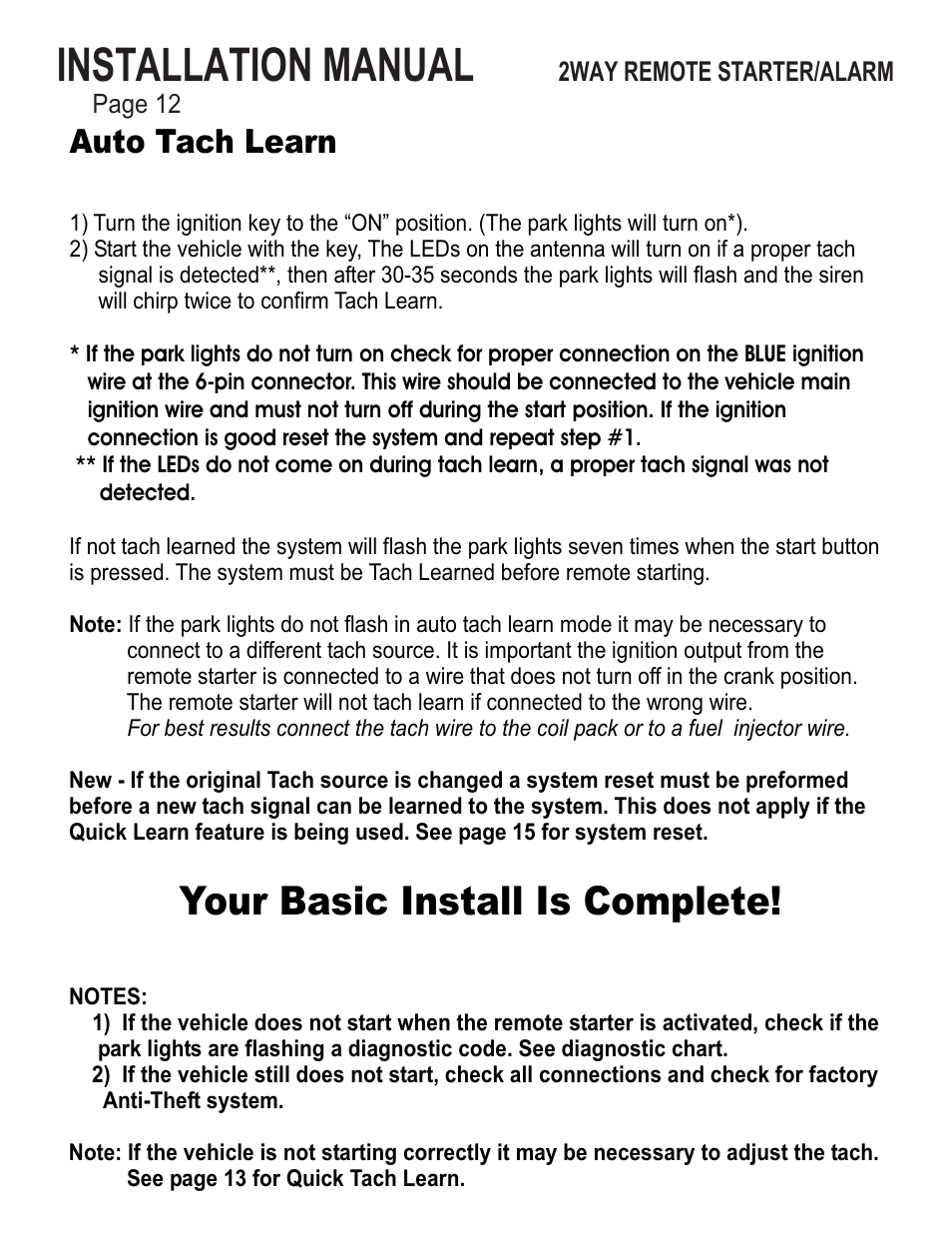 Installation manual, Your basic install is complete, Auto tach learn | Ultra Start 43xx User Manual | Page 12 / 24