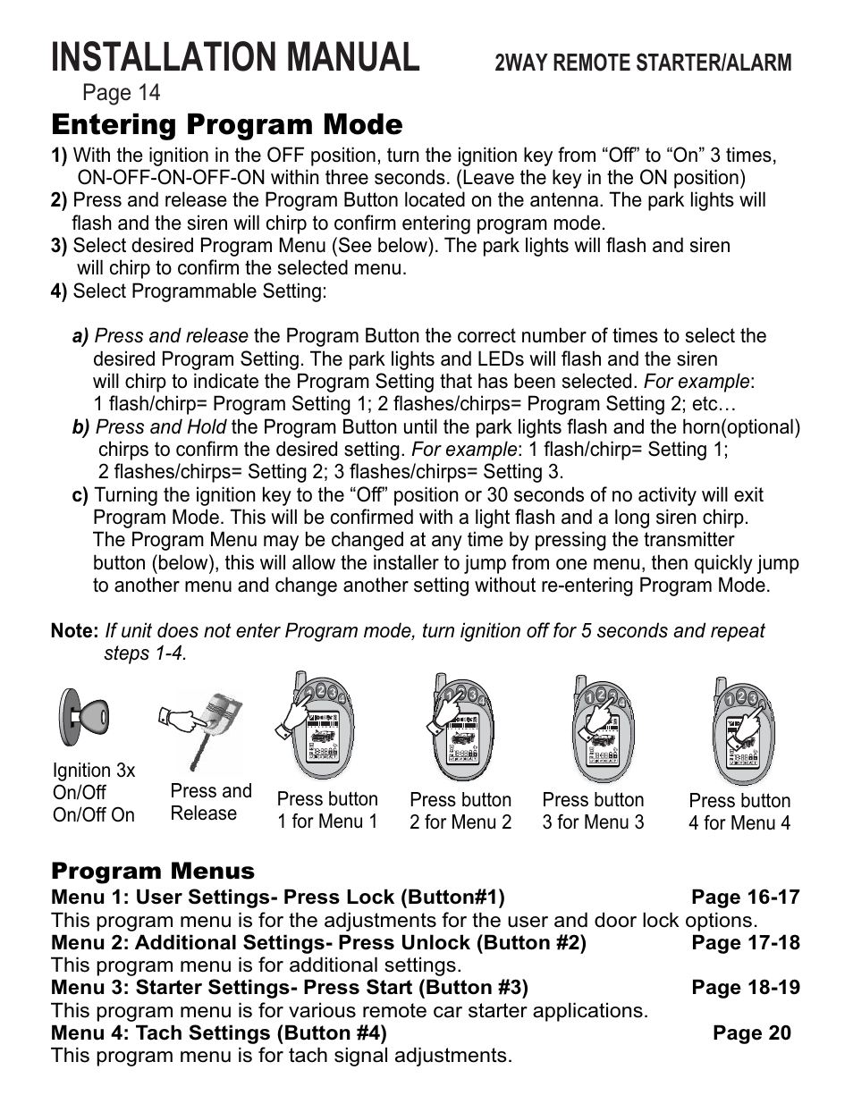 Installation manual, Entering program mode, 2way remote starter/alarm | Program menus, Page 14 | Ultra Start 43xx User Manual | Page 14 / 24