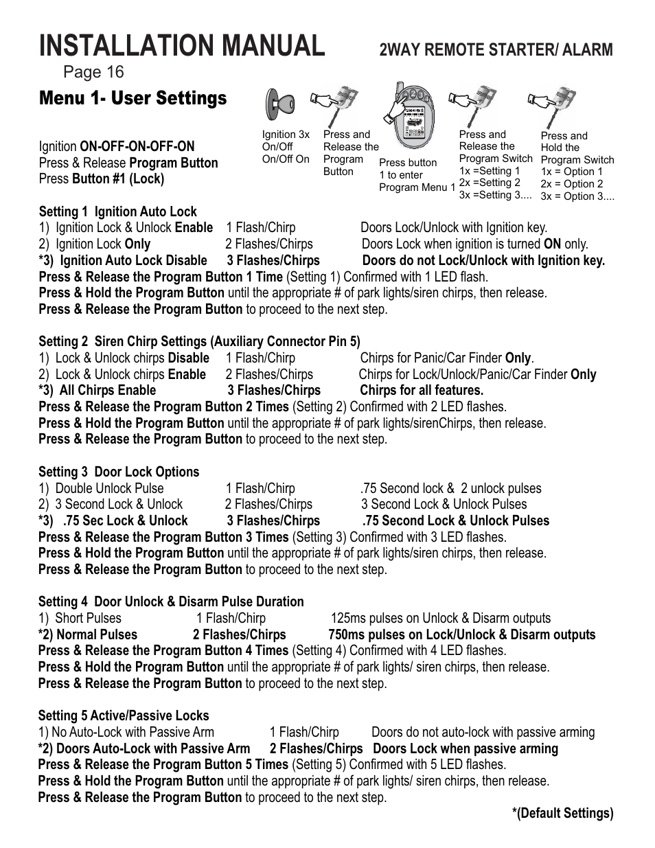 Installation manual, Menu 1- user settings, Page 16 | 2way remote starter/ alarm | Ultra Start 43xx User Manual | Page 16 / 24