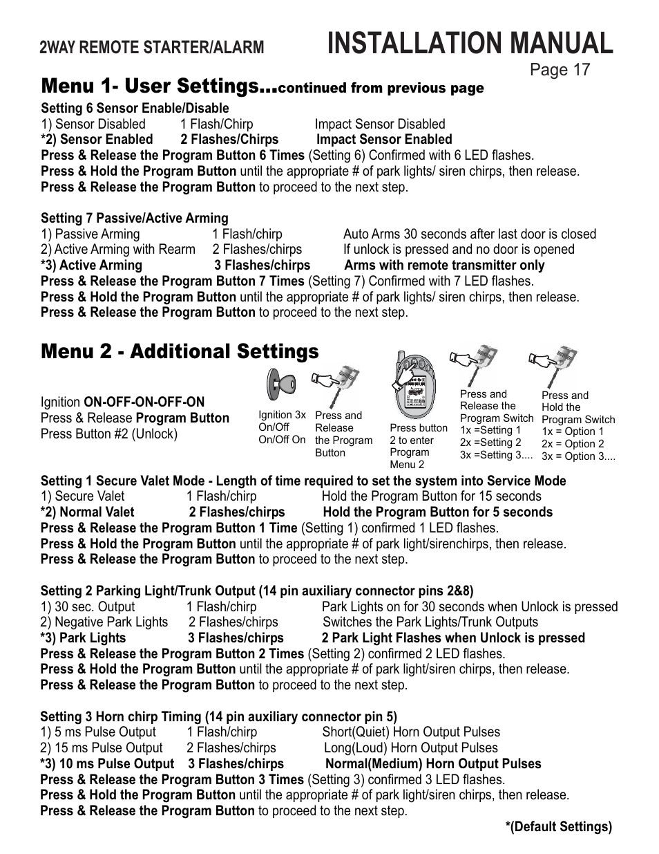 Installation manual, Menu 1- user settings, Menu 2 - additional settings | Page 17 2way remote starter/alarm | Ultra Start 43xx User Manual | Page 17 / 24