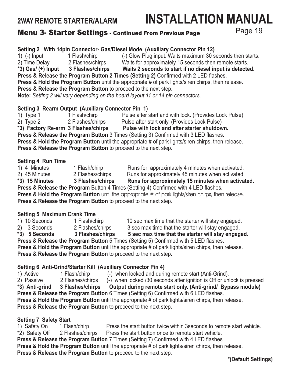 Installation manual, Menu 3- starter settings, 2way remote starter/alarm | Page 19 | Ultra Start 43xx User Manual | Page 19 / 24