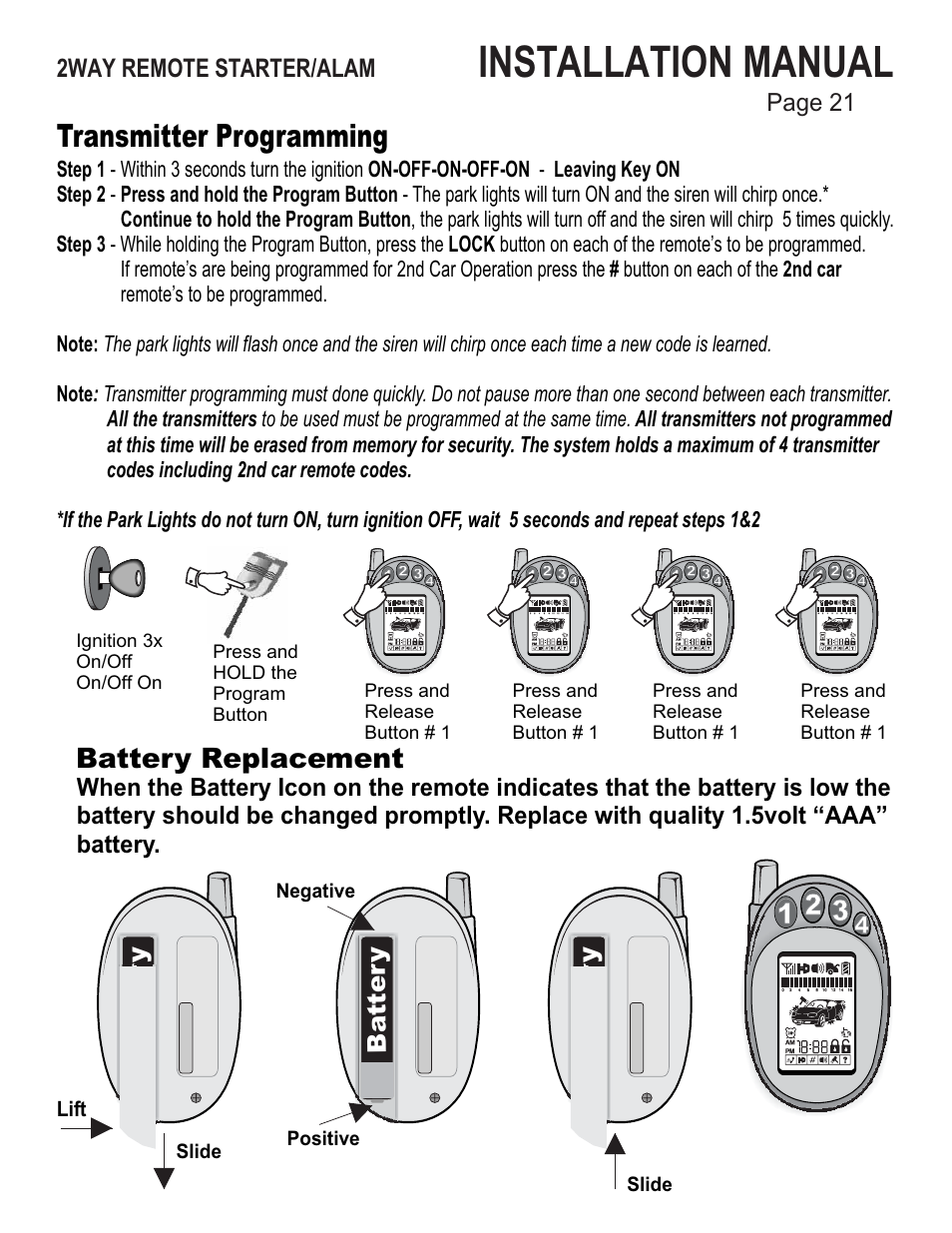 Installation manual, Transmitter programming, Battery replacement | 2way remote starter/alam, Ba tter y, Bt a ter y | Ultra Start 43xx User Manual | Page 21 / 24