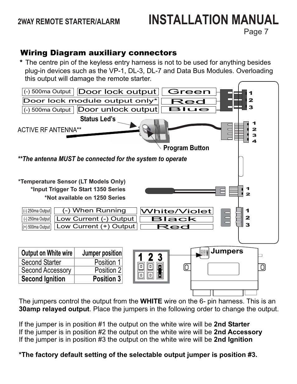 Installation manual, Wiring diagram auxiliary connectors, Second ignition position 3 | Page 7 2way remote starter/alarm, Second accessory position 2 | Ultra Start 43xx User Manual | Page 7 / 24