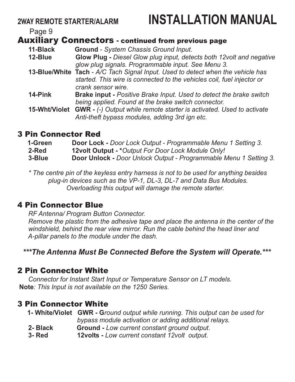 Installation manual, Auxiliary connectors | Ultra Start 43xx User Manual | Page 9 / 24
