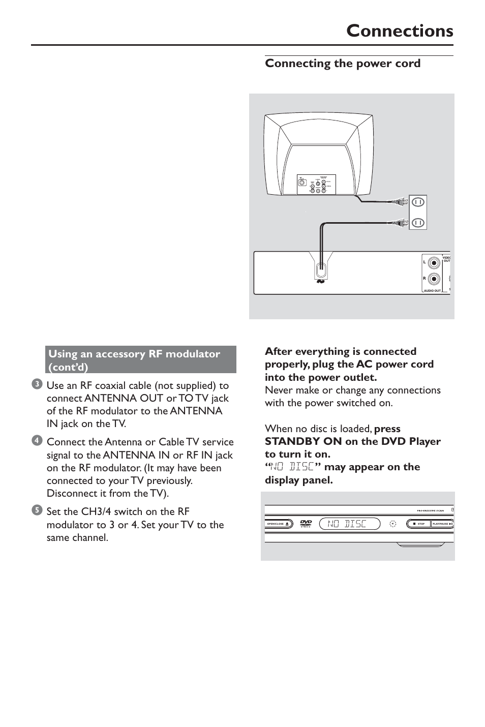 Connections, Connecting the power cord, Using an accessory rf modulator (cont’d) | No disc | Philips DivX DVD Player User Manual | Page 11 / 40