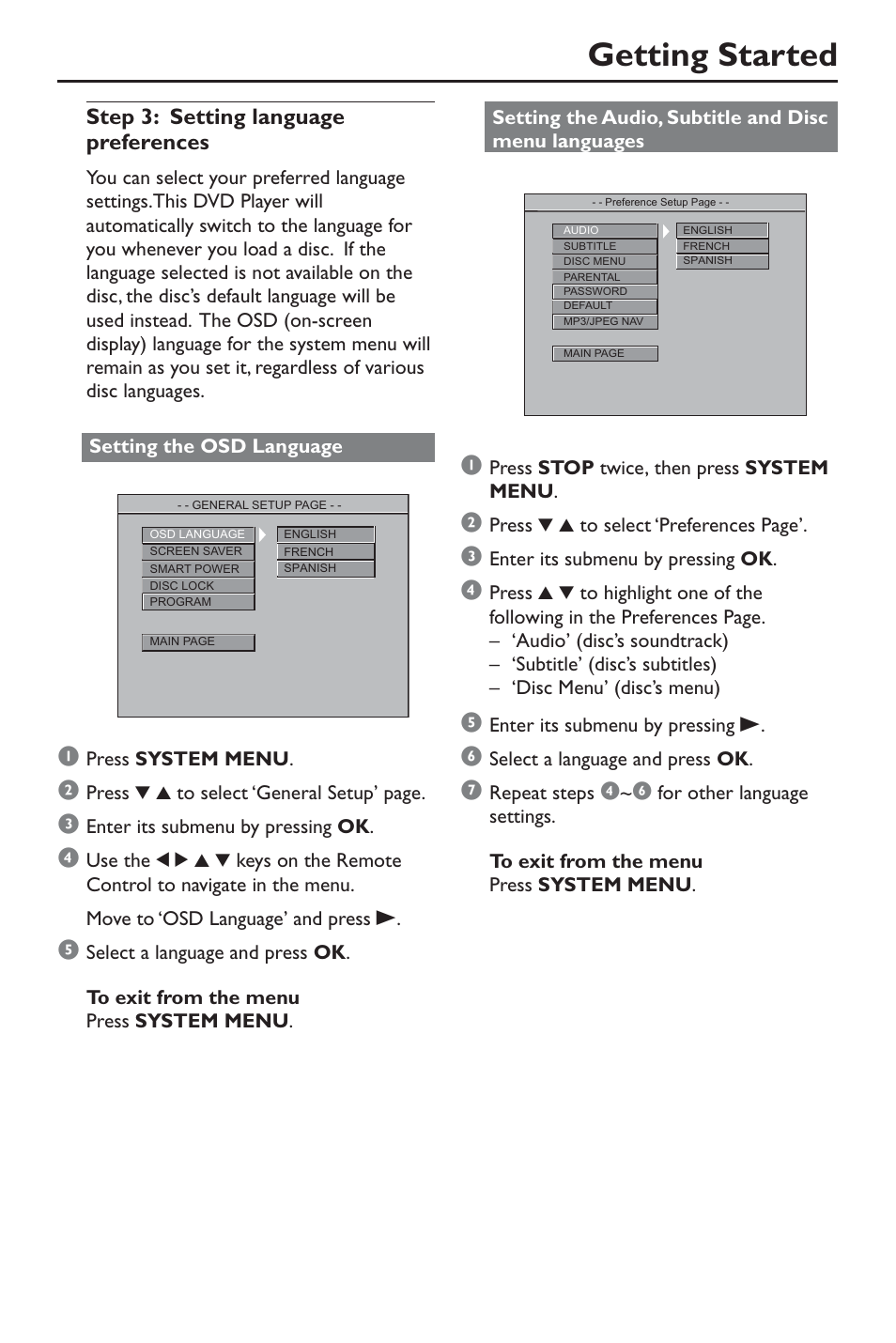 Getting started, Step 3: setting language preferences | Philips DivX DVD Player User Manual | Page 17 / 40