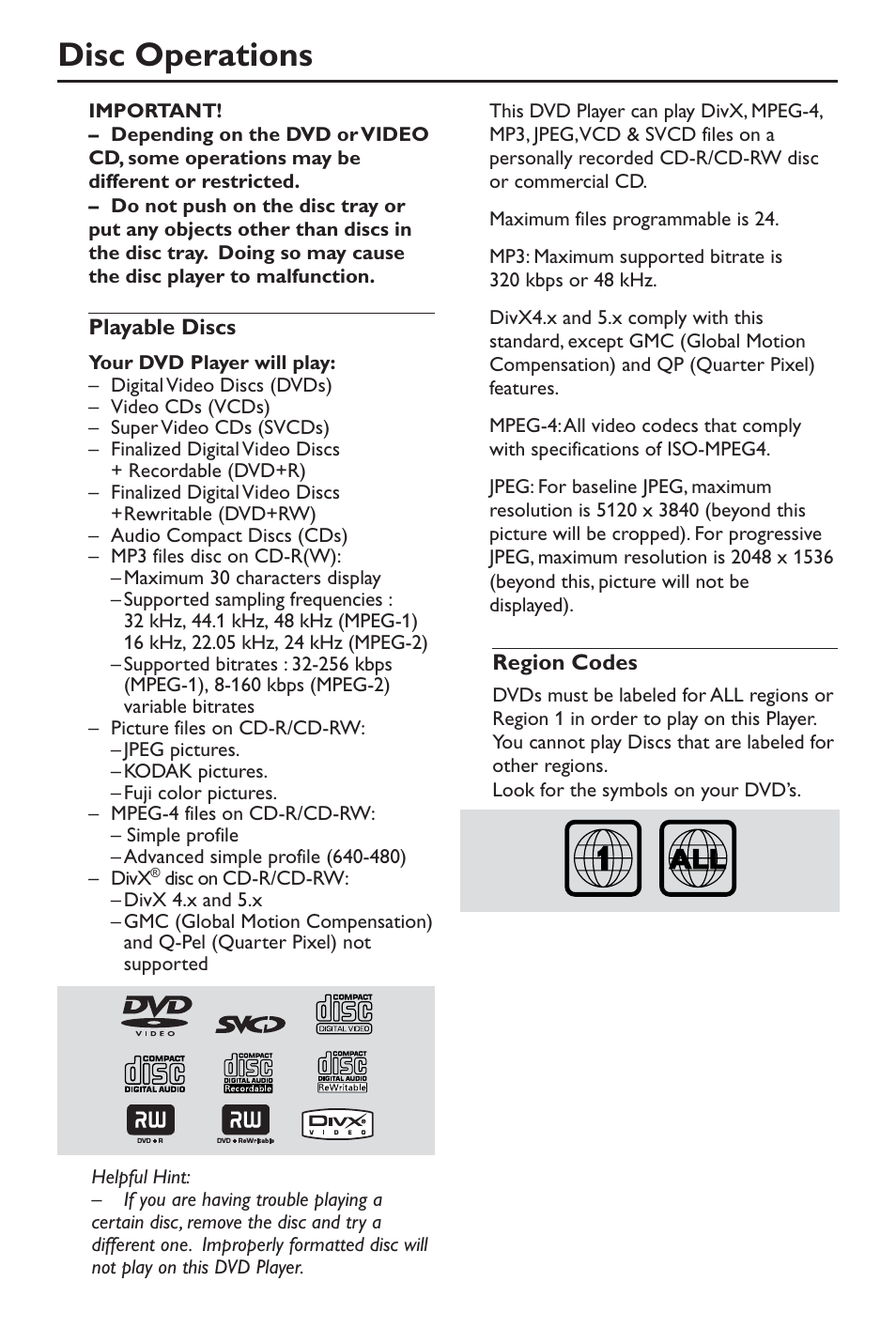 Disc operations | Philips DivX DVD Player User Manual | Page 18 / 40