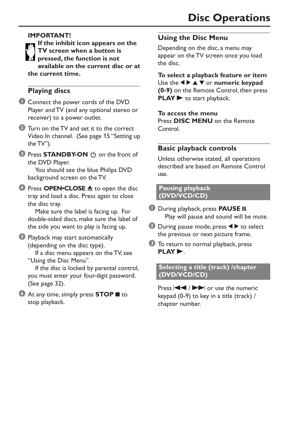 Disc operations | Philips DivX DVD Player User Manual | Page 19 / 40