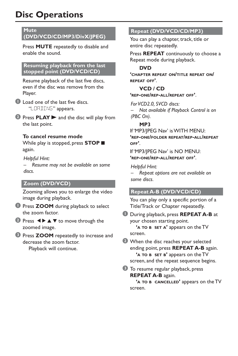 Disc operations | Philips DivX DVD Player User Manual | Page 20 / 40