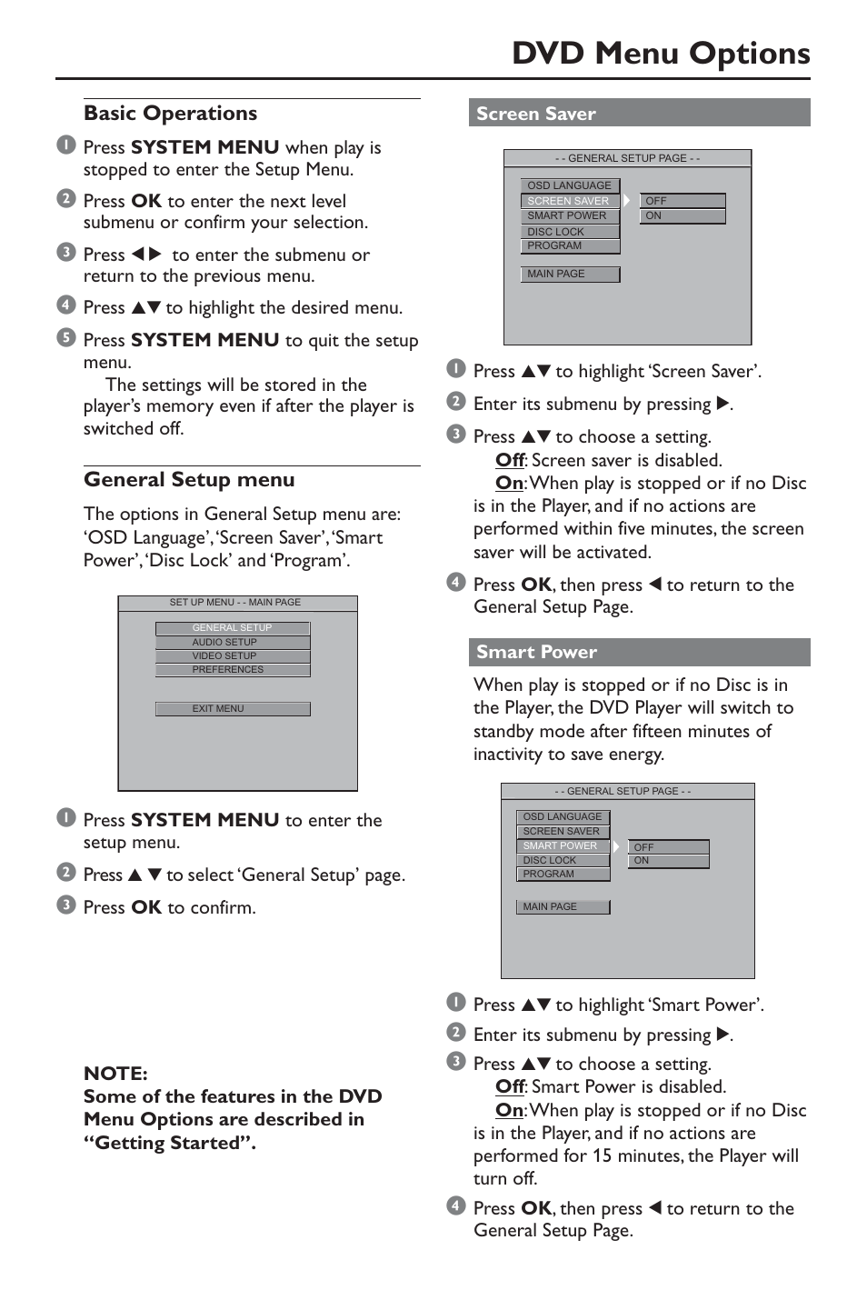 Dvd menu options, Basic operations, General setup menu | Philips DivX DVD Player User Manual | Page 25 / 40