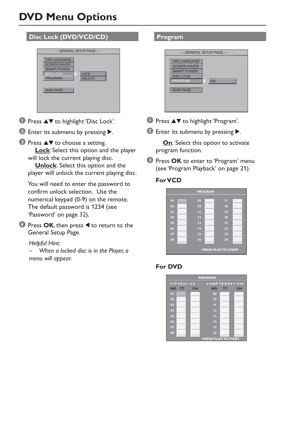 Dvd menu options, Disc lock (dvd/vcd/cd), Press 34 to highlight ‘disc lock | Enter its submenu by pressing 2, Press 34 to highlight ‘program, For dvd | Philips DivX DVD Player User Manual | Page 26 / 40