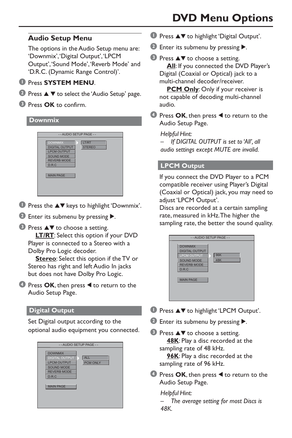 Dvd menu options, Audio setup menu | Philips DivX DVD Player User Manual | Page 27 / 40