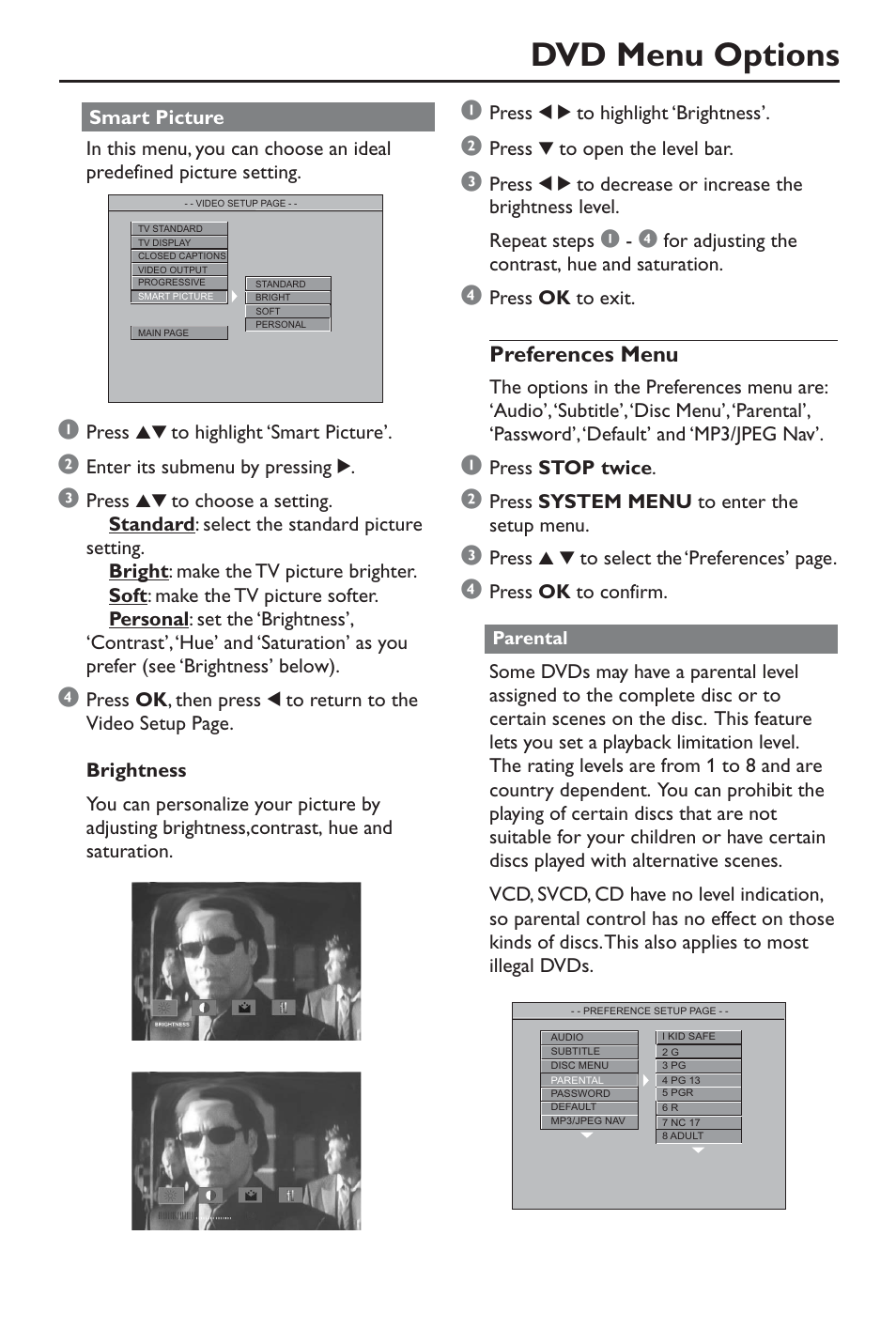 Dvd menu options, Preferences menu | Philips DivX DVD Player User Manual | Page 31 / 40