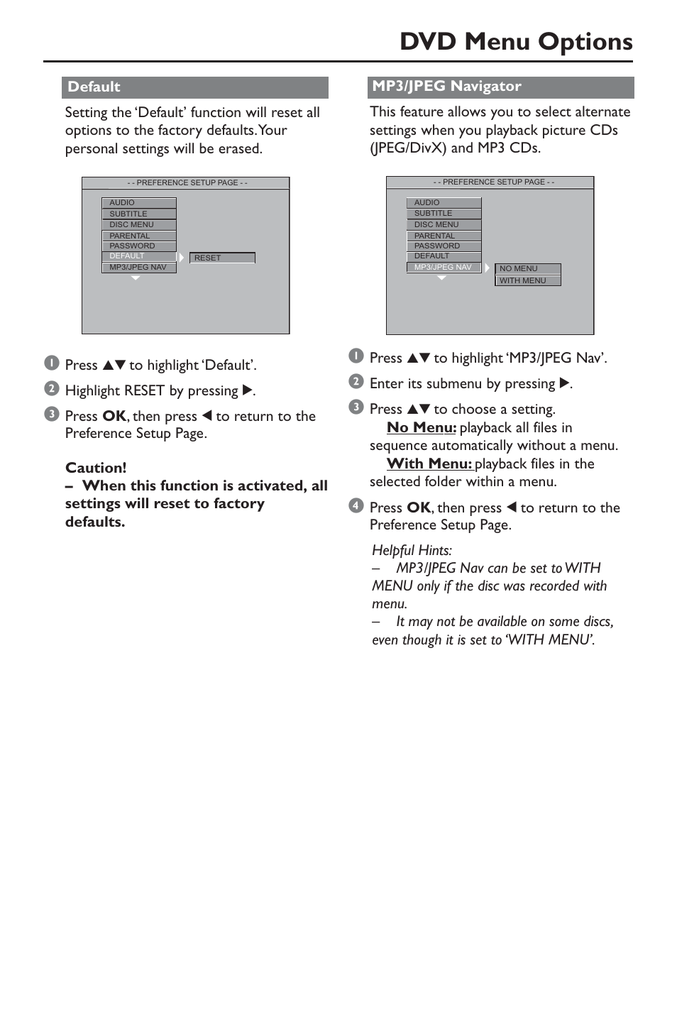 Dvd menu options | Philips DivX DVD Player User Manual | Page 33 / 40