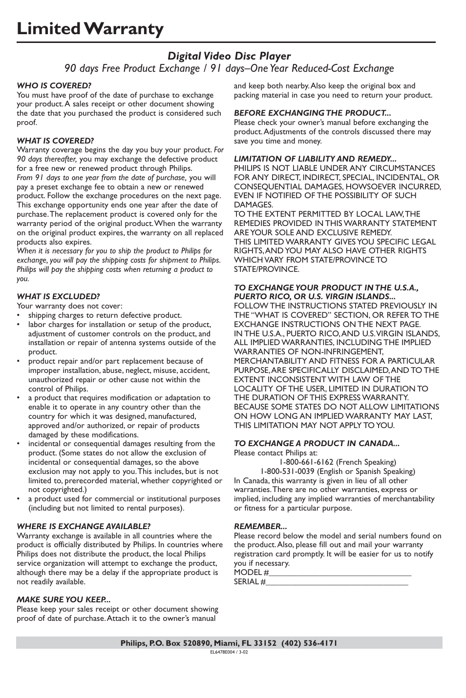 Limited warranty | Philips DivX DVD Player User Manual | Page 38 / 40