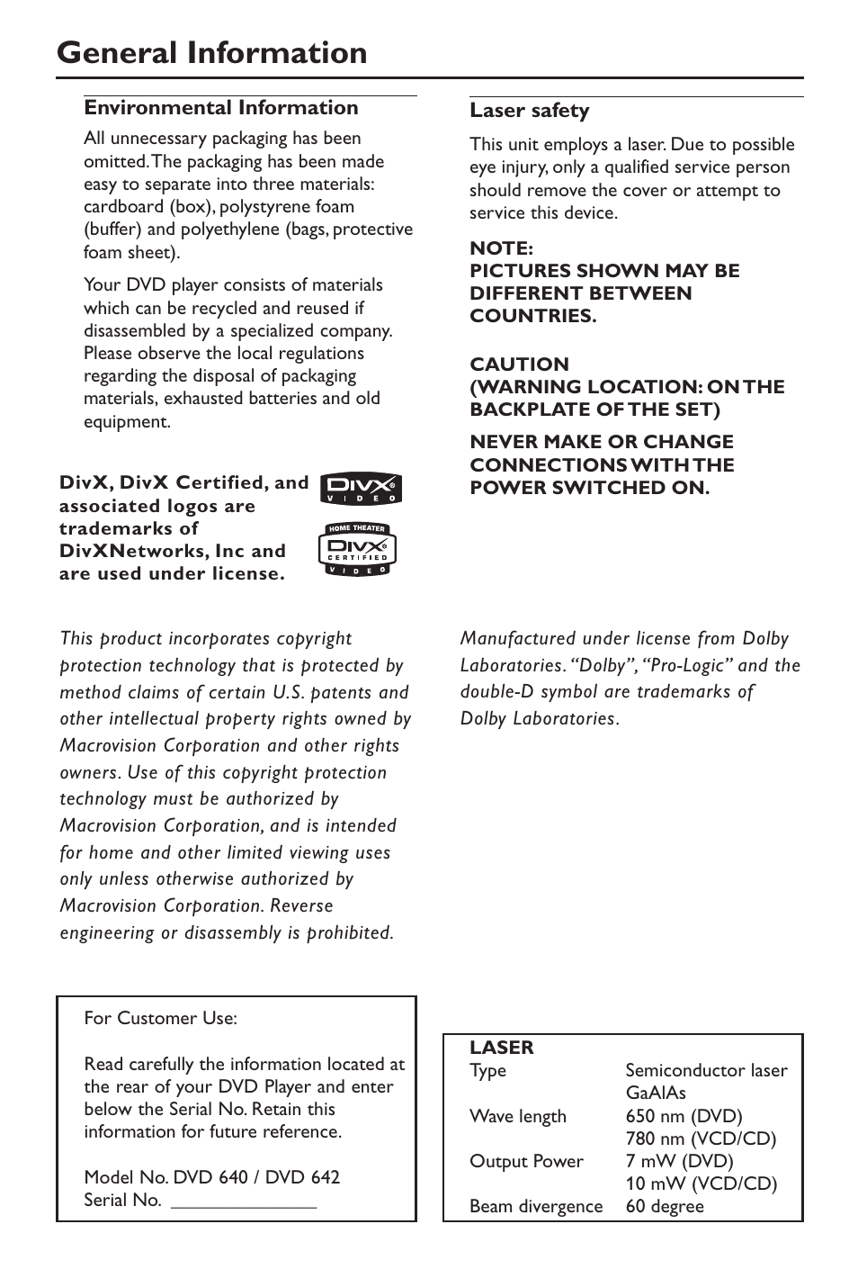 General information | Philips DivX DVD Player User Manual | Page 6 / 40