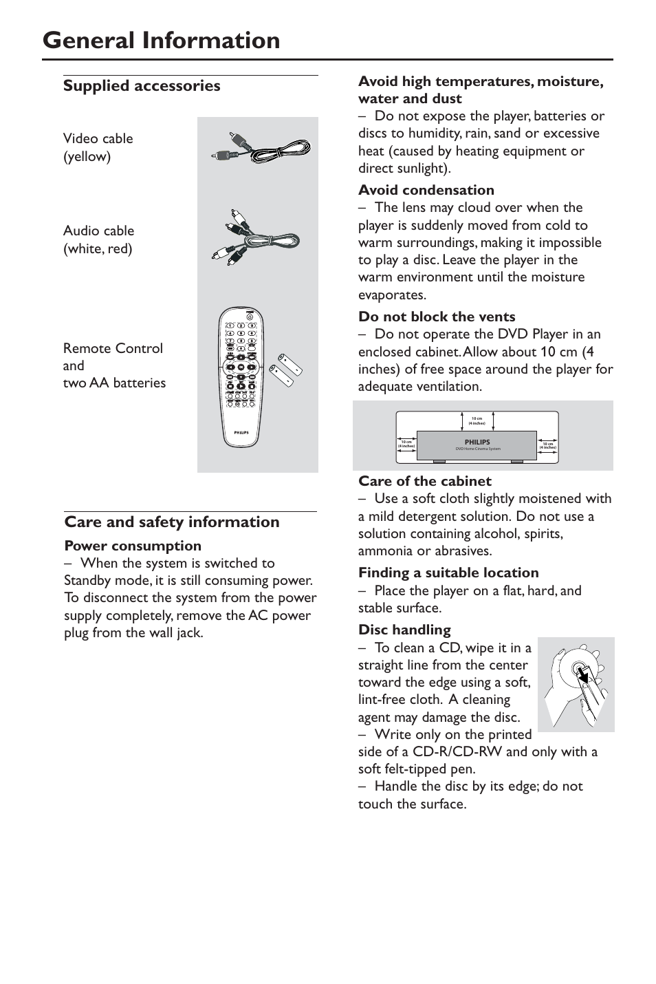 General information, Care and safety information, Supplied accessories | Philips DivX DVD Player User Manual | Page 8 / 40