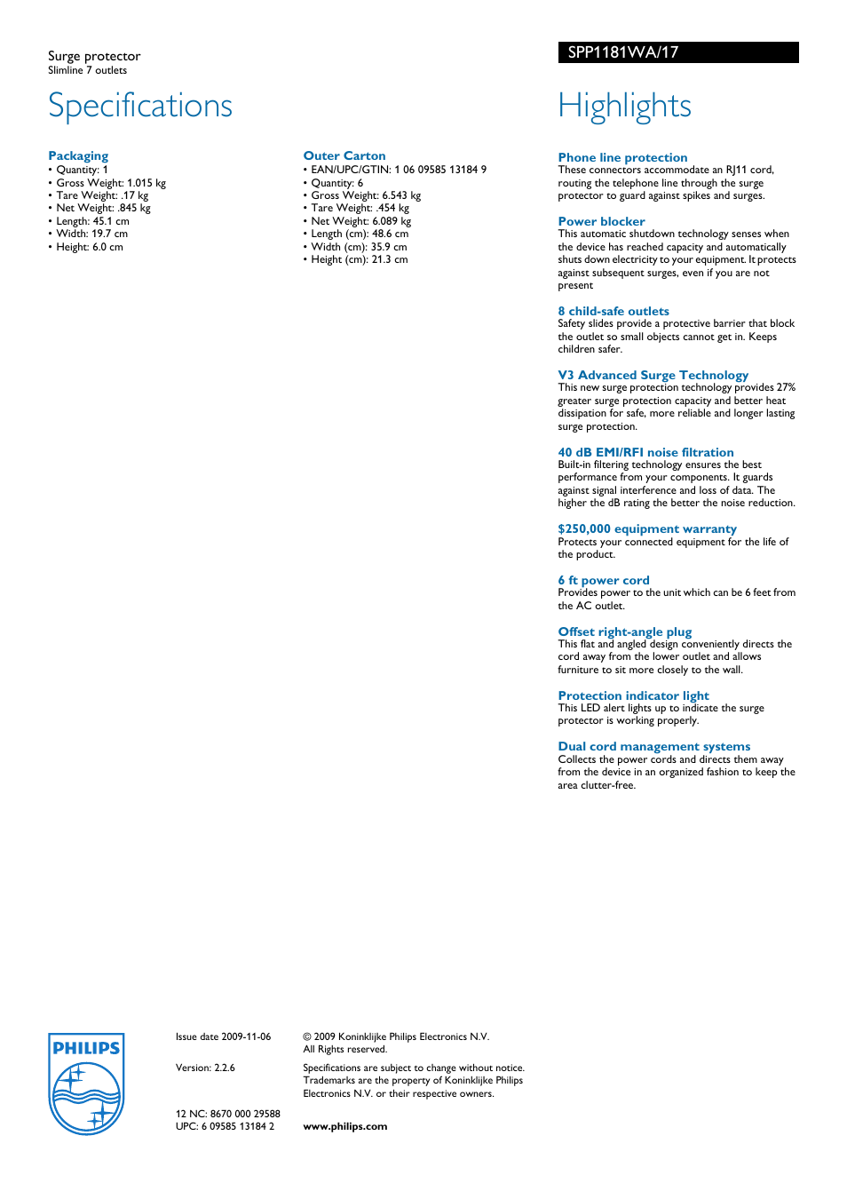 Specifications, Highlights | Philips SPP1181WA-17 User Manual | Page 2 / 2