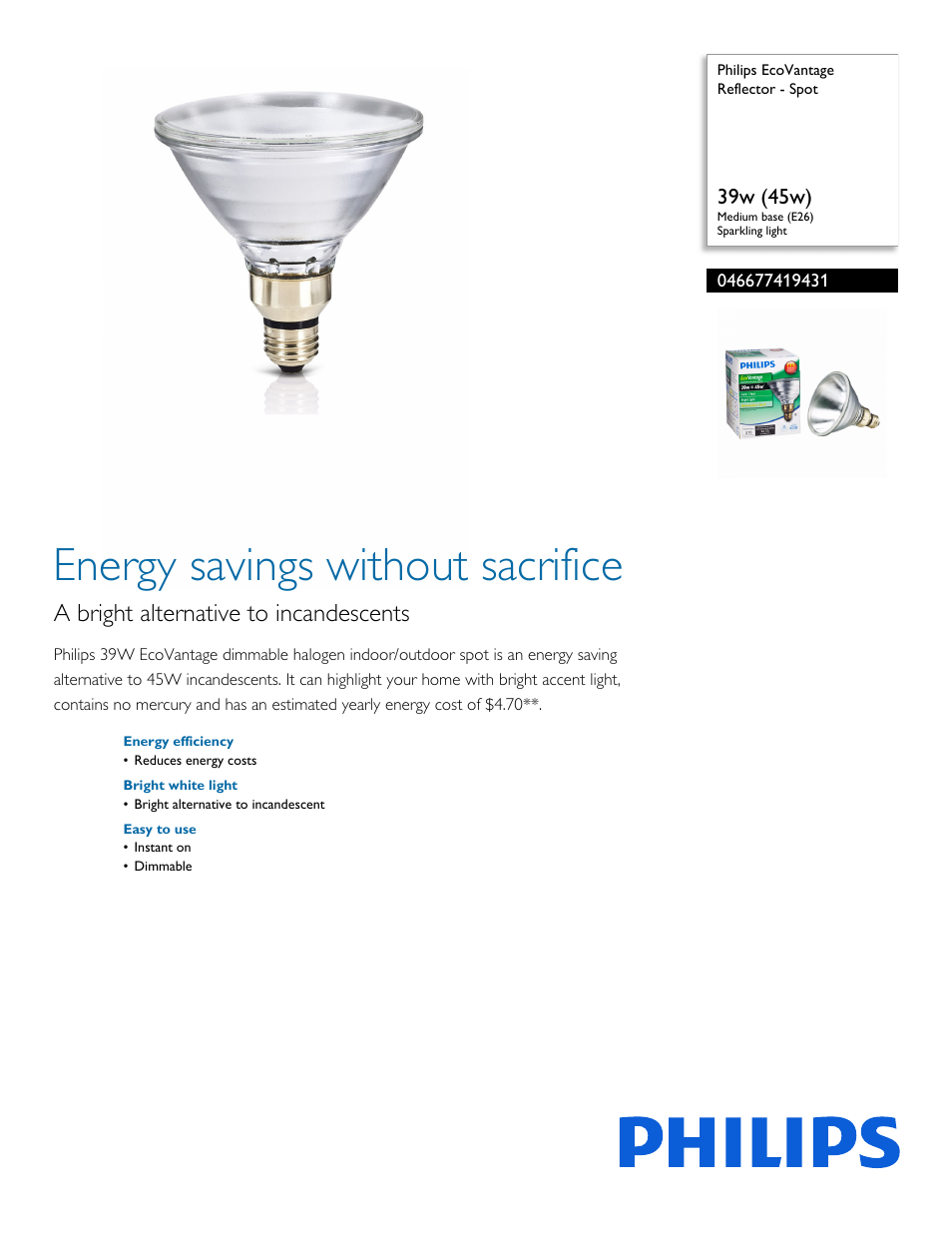 Philips EcoVantage Reflector - Spot 046677419431 39w 45w Medium base E26 Sparkling light User Manual | 2 pages