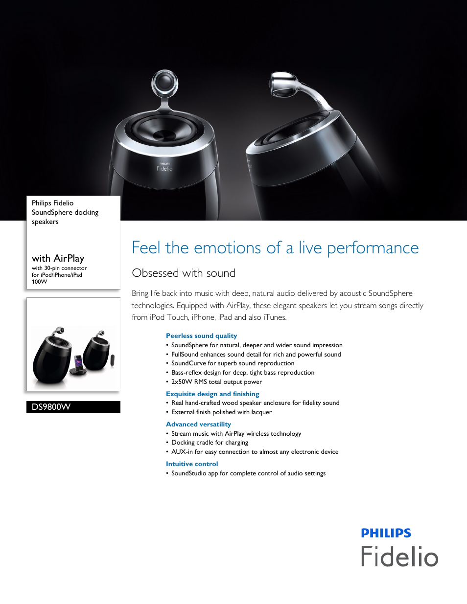 Philips Fidelio SoundSphere docking speakers DS9800W with AirPlay with 30-pin connector for iPod-iPhone-iPad 100W User Manual | 3 pages