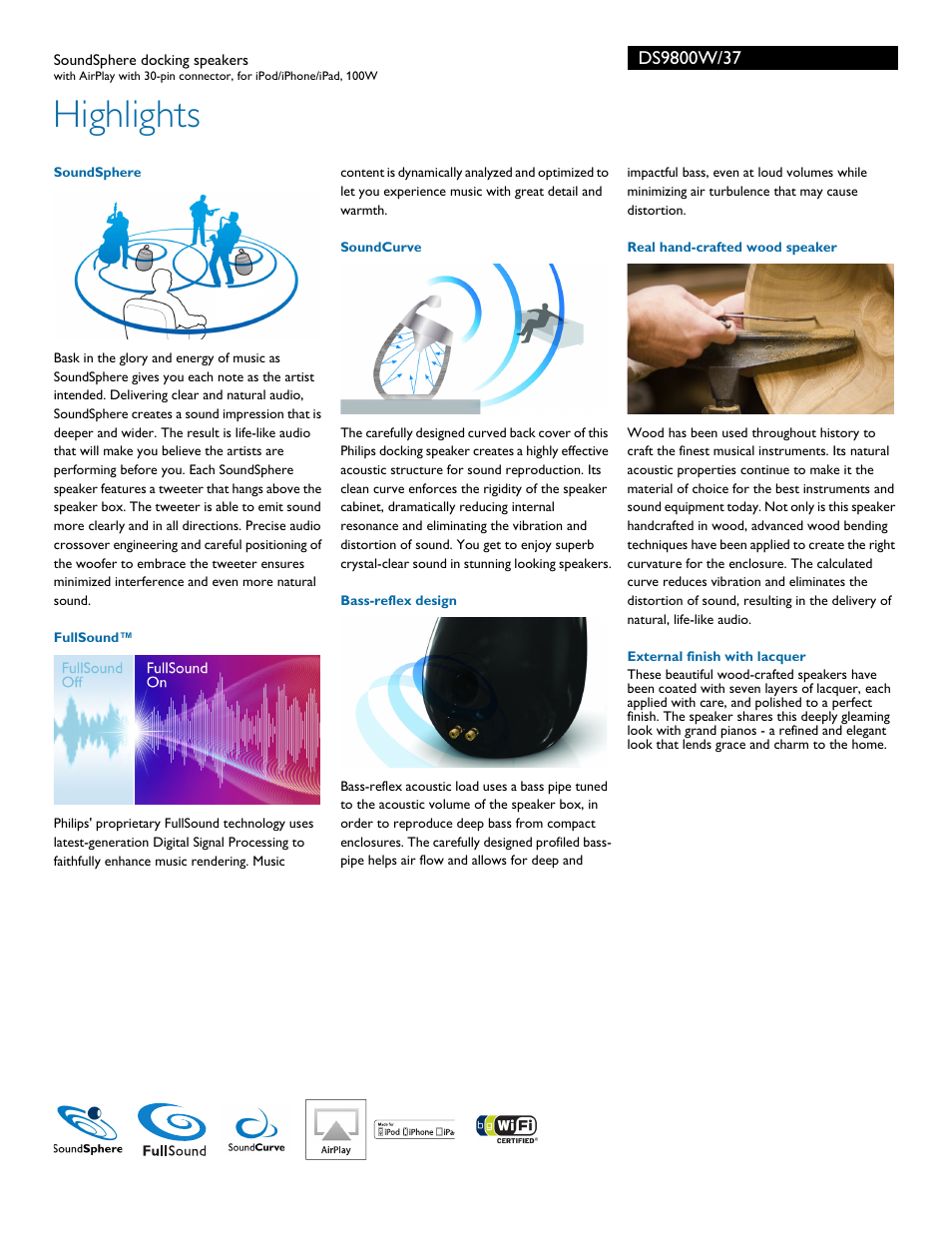 Highlights | Philips Fidelio SoundSphere docking speakers DS9800W with AirPlay with 30-pin connector for iPod-iPhone-iPad 100W User Manual | Page 2 / 3