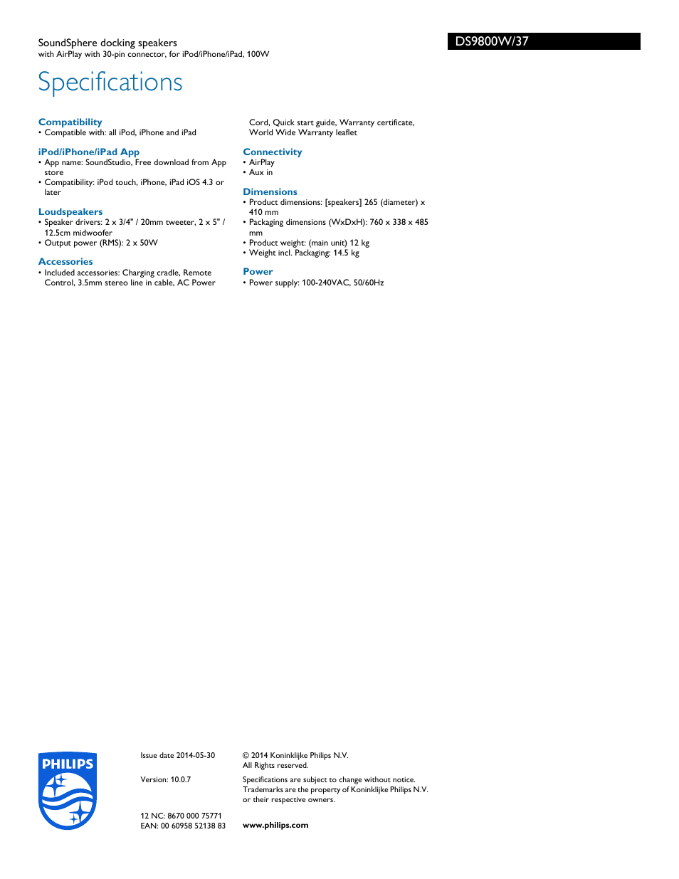 Specifications | Philips Fidelio SoundSphere docking speakers DS9800W with AirPlay with 30-pin connector for iPod-iPhone-iPad 100W User Manual | Page 3 / 3