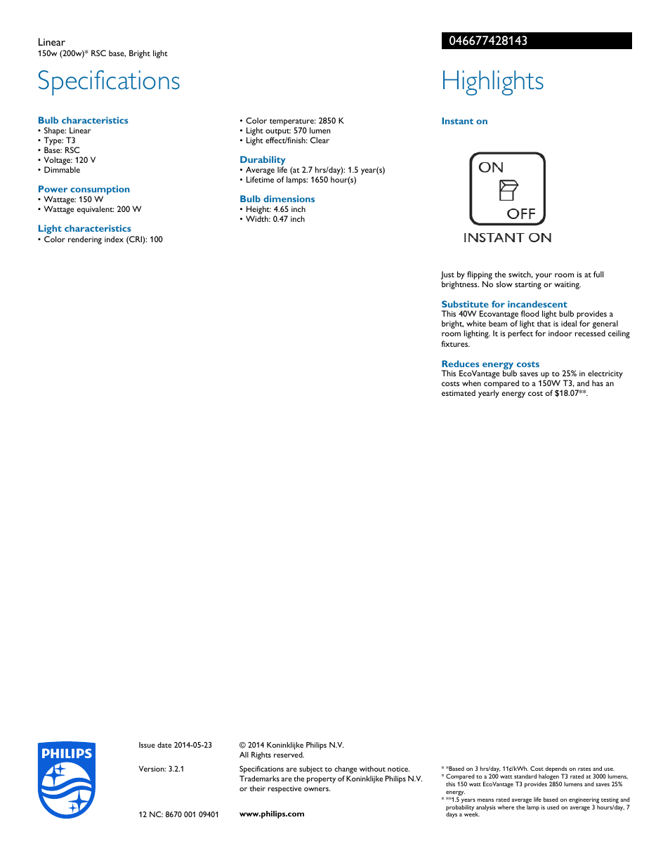 Specifications, Highlights | Philips 046677428143 User Manual | Page 2 / 2