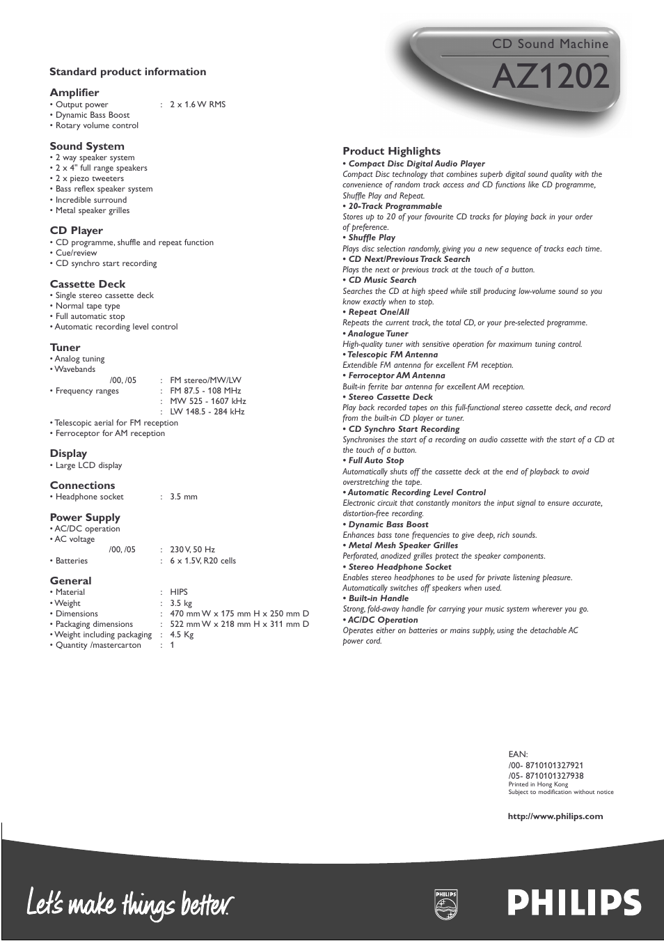 Az1202, Cd sound machine | Philips AZ1202-17 User Manual | Page 2 / 2