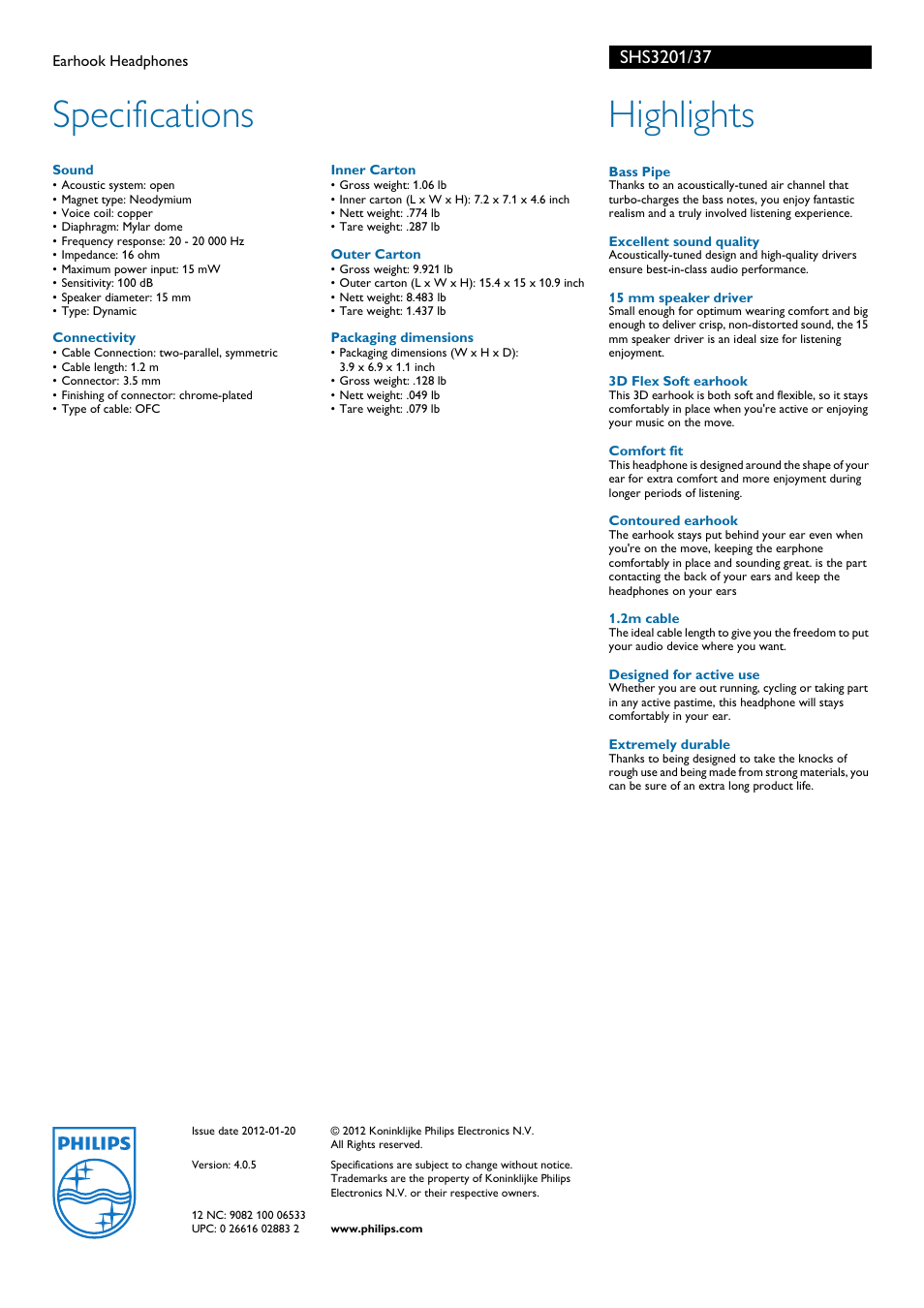 Specifications, Highlights | Philips SHS3201-37 User Manual | Page 2 / 2