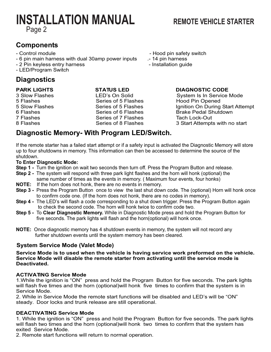 Installation manual, Remote vehicle starter, Page 2 | Components | Ultra Start 1150 Series User Manual | Page 2 / 8
