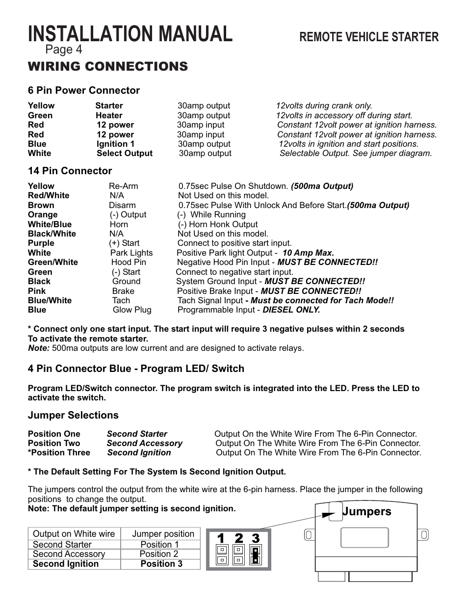 Installation manual, Remote vehicle starter, Page 4 | Wiring connections | Ultra Start 1150 Series User Manual | Page 4 / 8