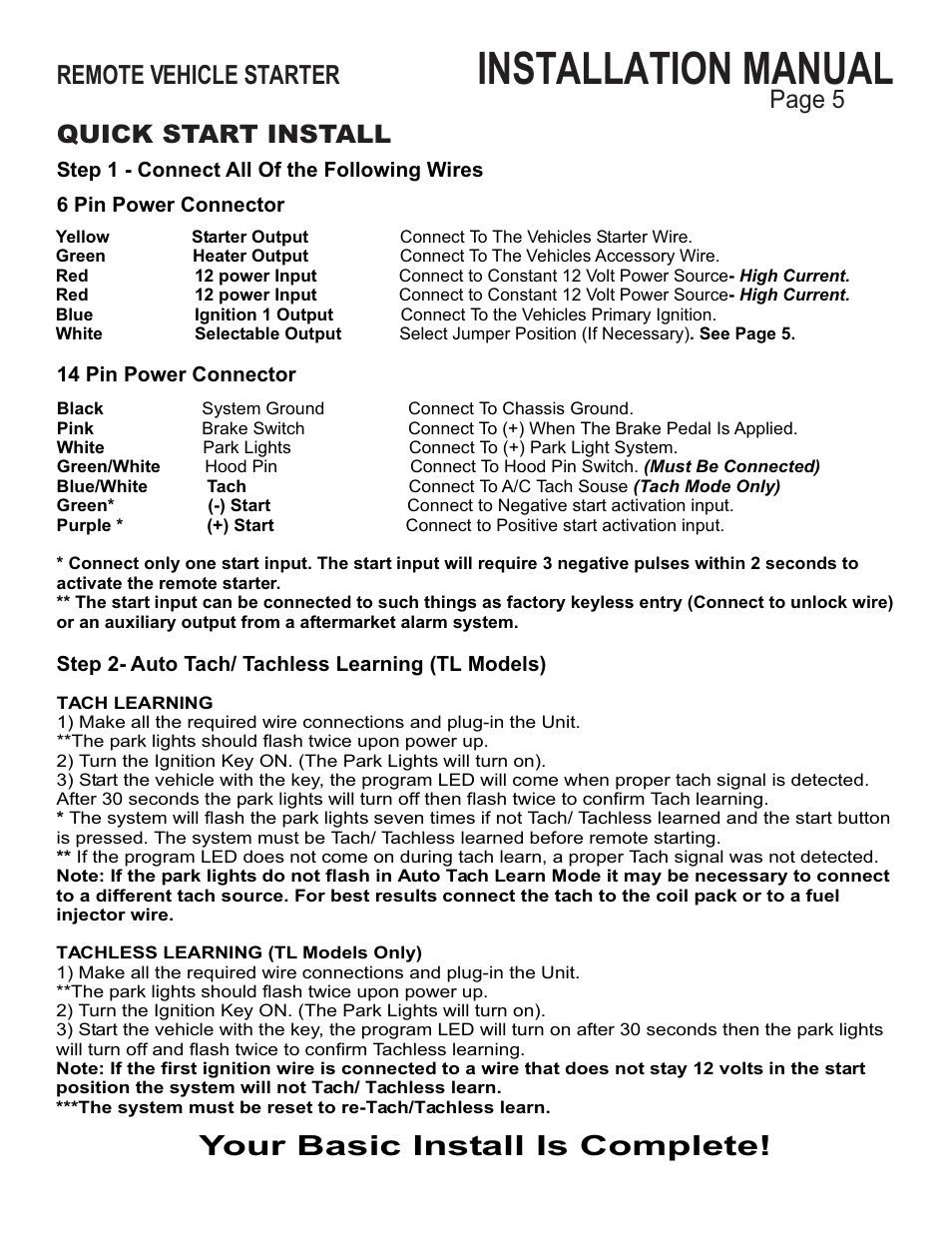 Installation manual, Your basic install is complete, Remote vehicle starter | Page 5, Quick start install | Ultra Start 1150 Series User Manual | Page 5 / 8