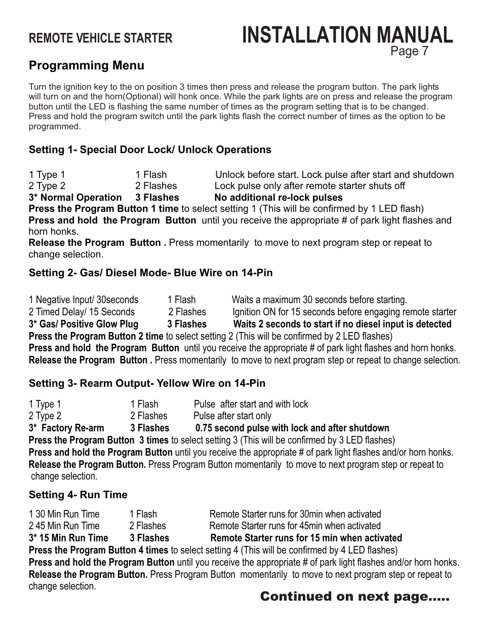 Installation manual, Remote vehicle starter, Page 7 | Continued on next page | Ultra Start 1150 Series User Manual | Page 7 / 8