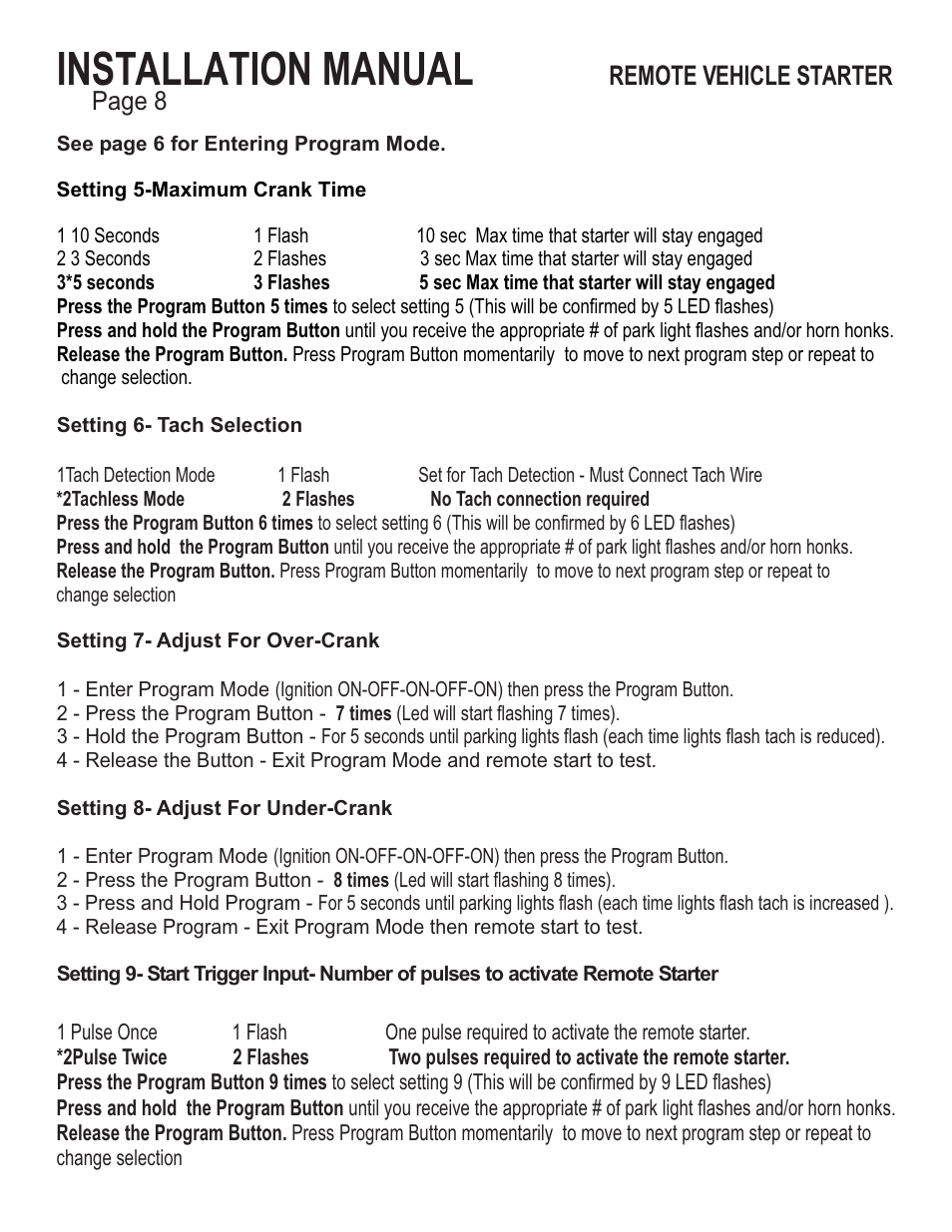 Installation manual, Remote vehicle starter, Page 8 | Ultra Start 1150 Series User Manual | Page 8 / 8