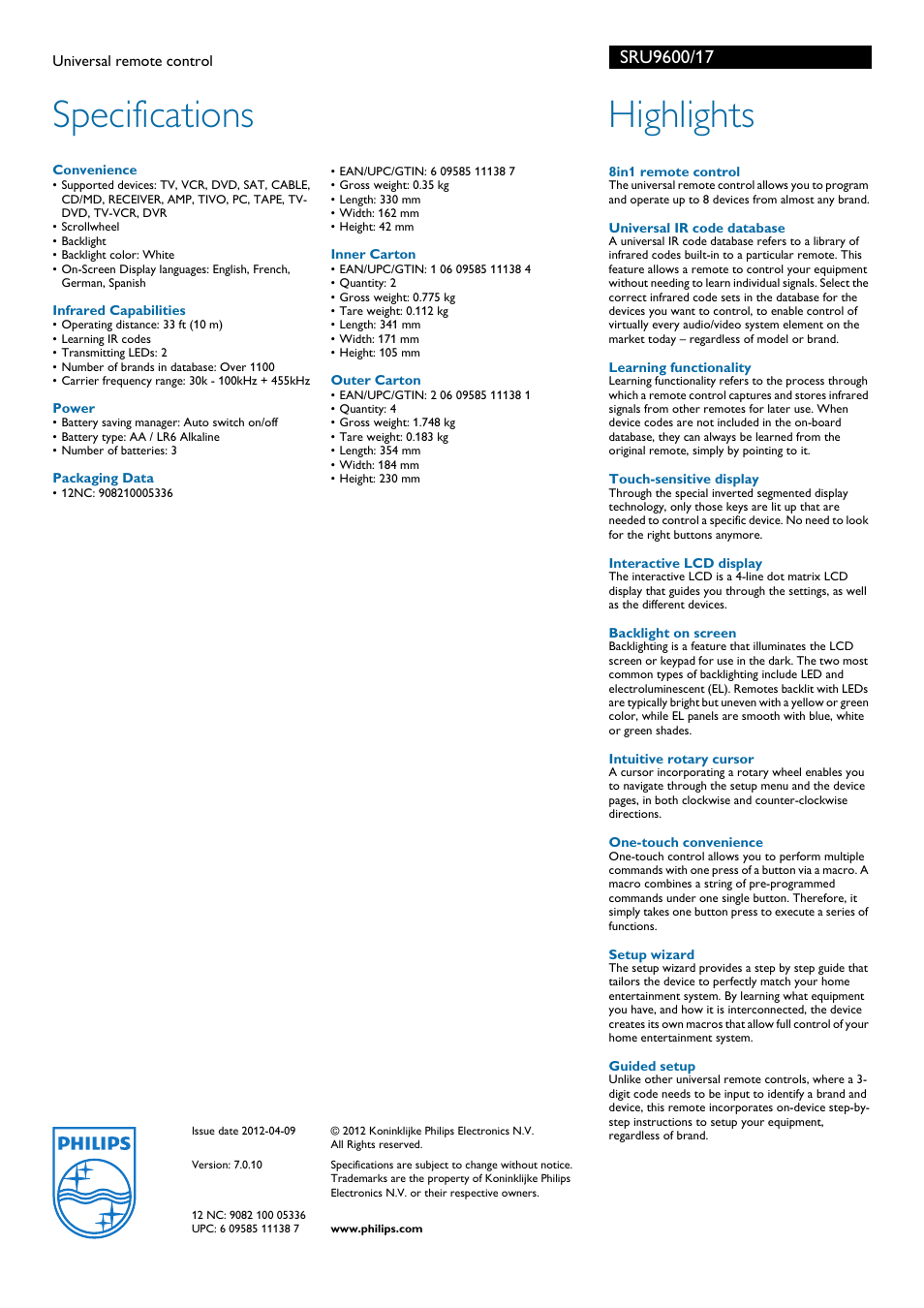 Specifications, Highlights | Philips SRU9600-17 User Manual | Page 2 / 2