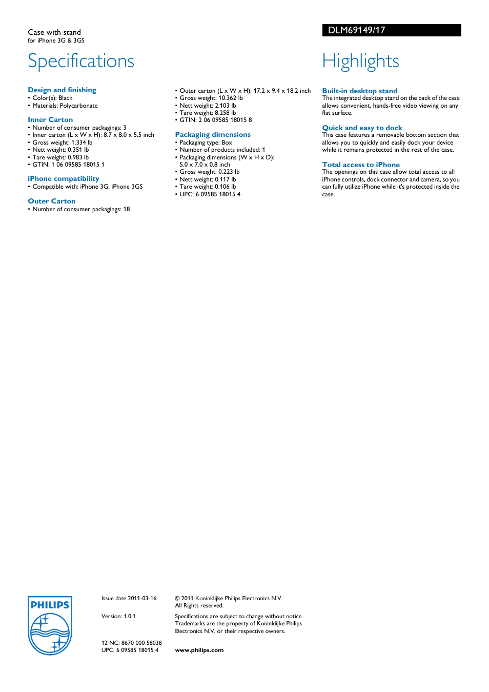 Specifications, Highlights | Philips DLM69149-17 User Manual | Page 2 / 2
