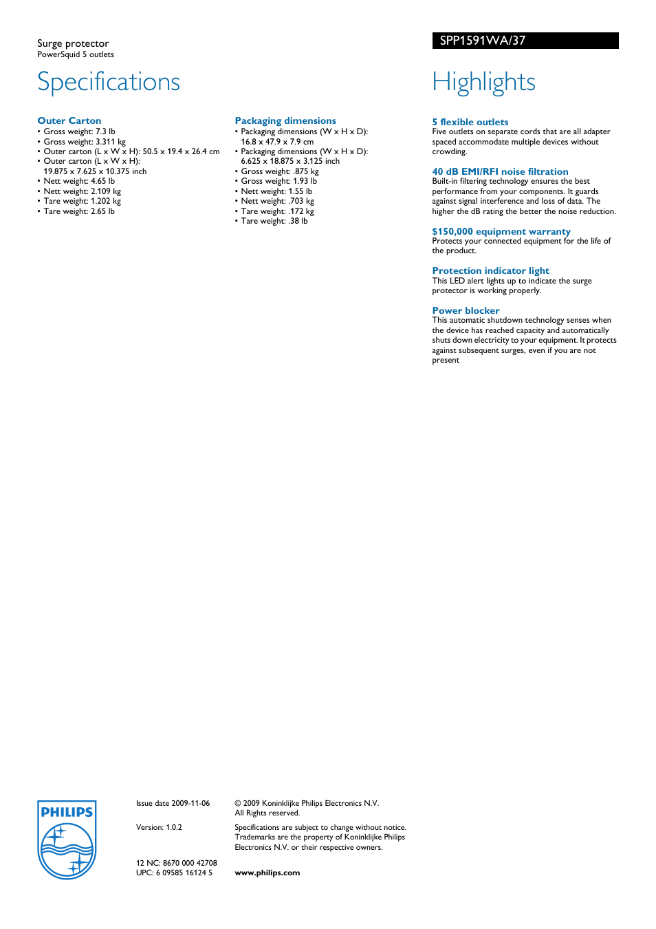 Specifications, Highlights | Philips SPP1591WA-37 User Manual | Page 2 / 2