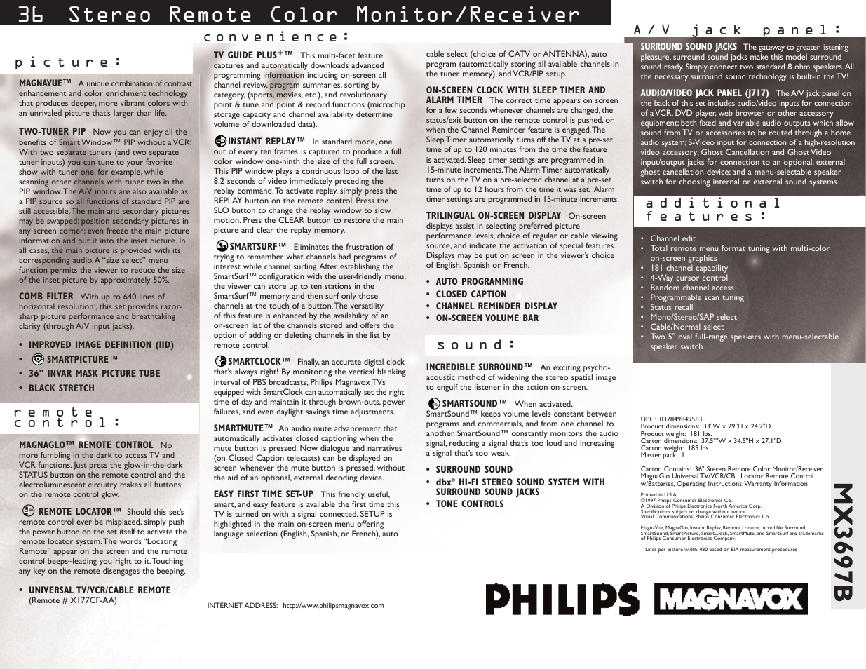 Mx3697b, 36 " stereo remote color monitor/receiver | Philips MX3697B User Manual | Page 2 / 2