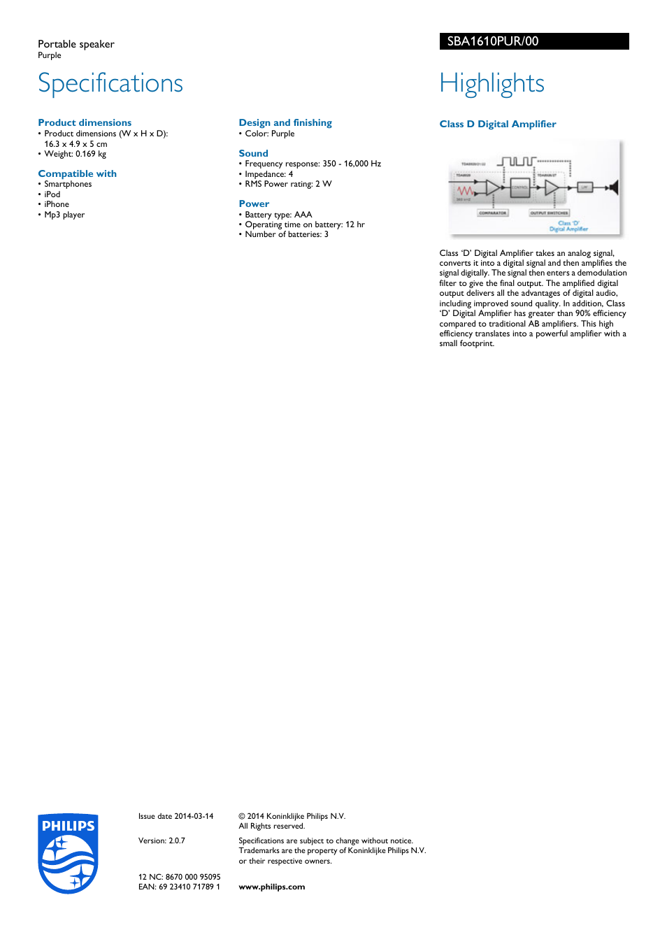 Specifications, Highlights | Philips SBA1610PUR-00 User Manual | Page 2 / 2