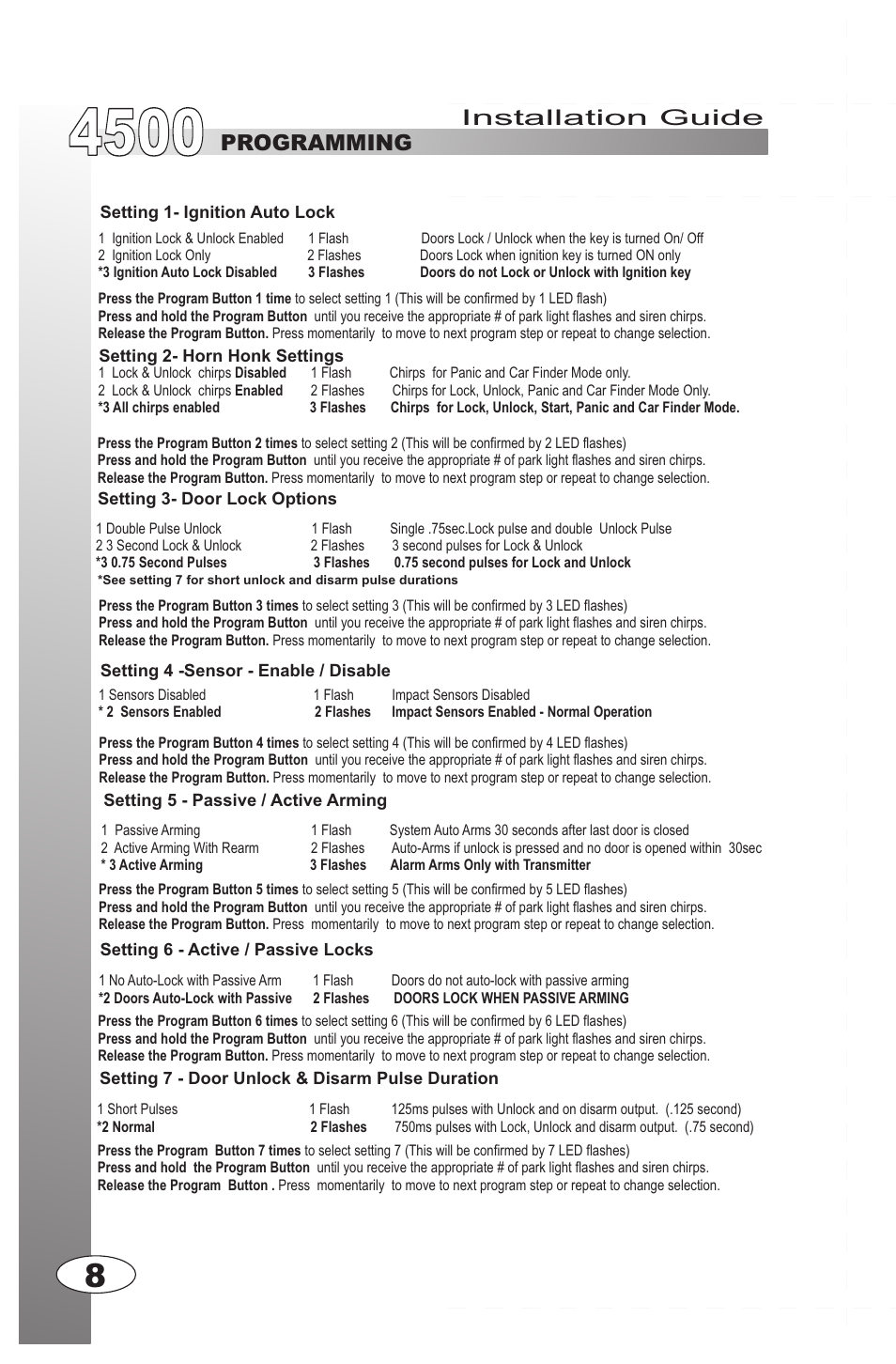 Installation guide, Installation guide programming programming | Ultra Start 4500M User Manual | Page 8 / 16