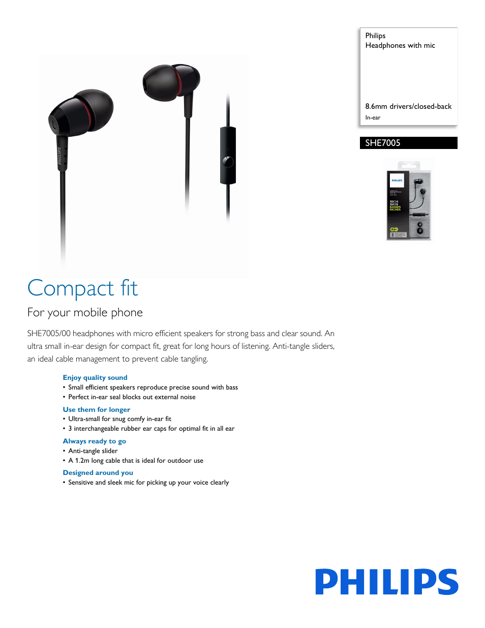 Philips Headphones with mic SHE7005 8.6mm drivers-closed-back In-ear User Manual | 2 pages