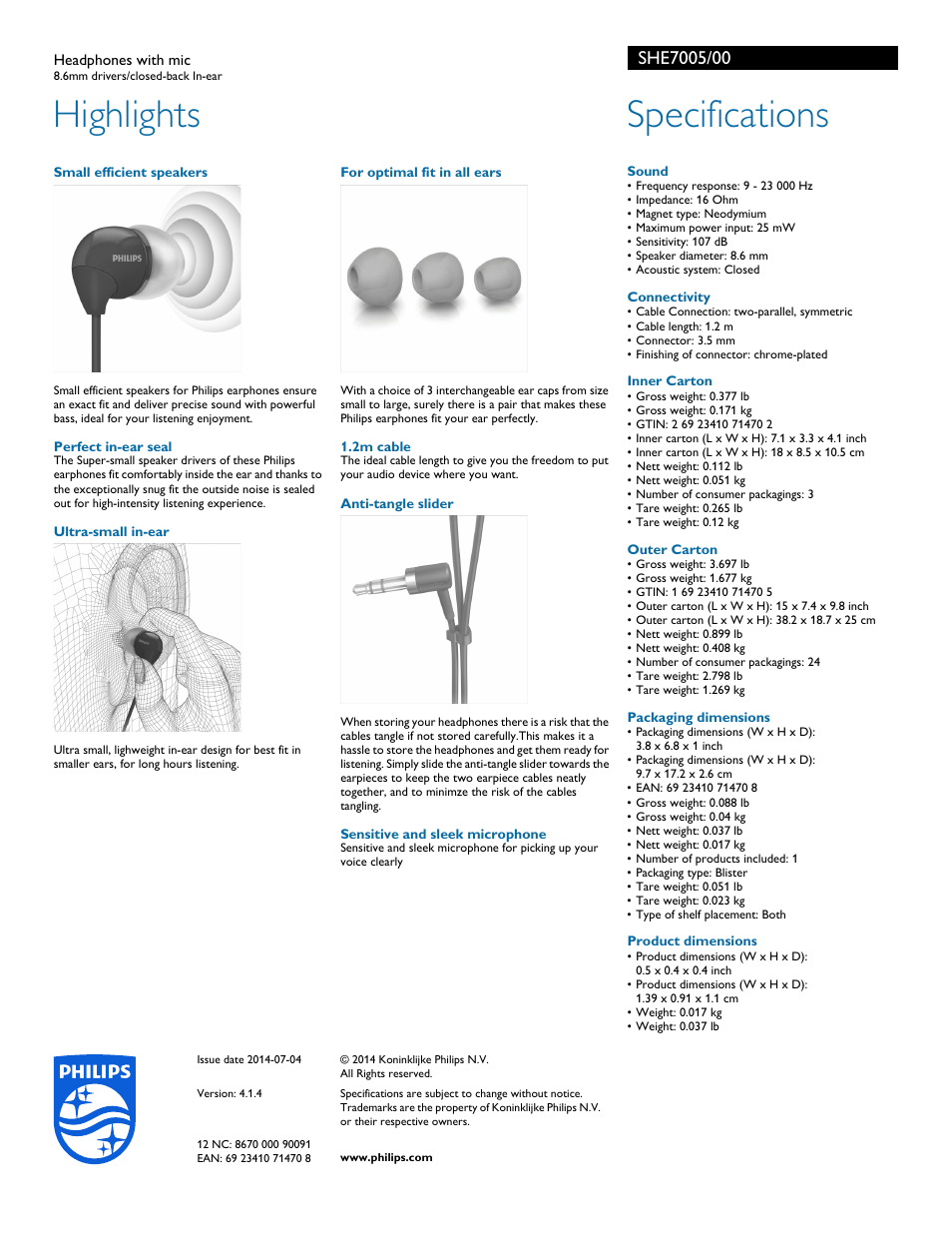 Highlights, Specifications | Philips Headphones with mic SHE7005 8.6mm drivers-closed-back In-ear User Manual | Page 2 / 2