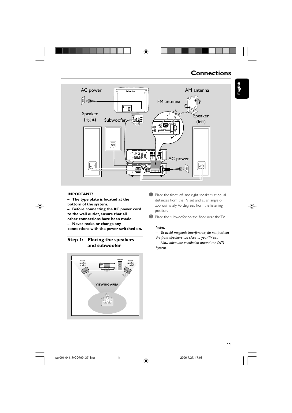 Connections, Step 1: placing the speakers and subwoofer, Ac power subwoofer | Philips MCD709-37 User Manual | Page 11 / 44